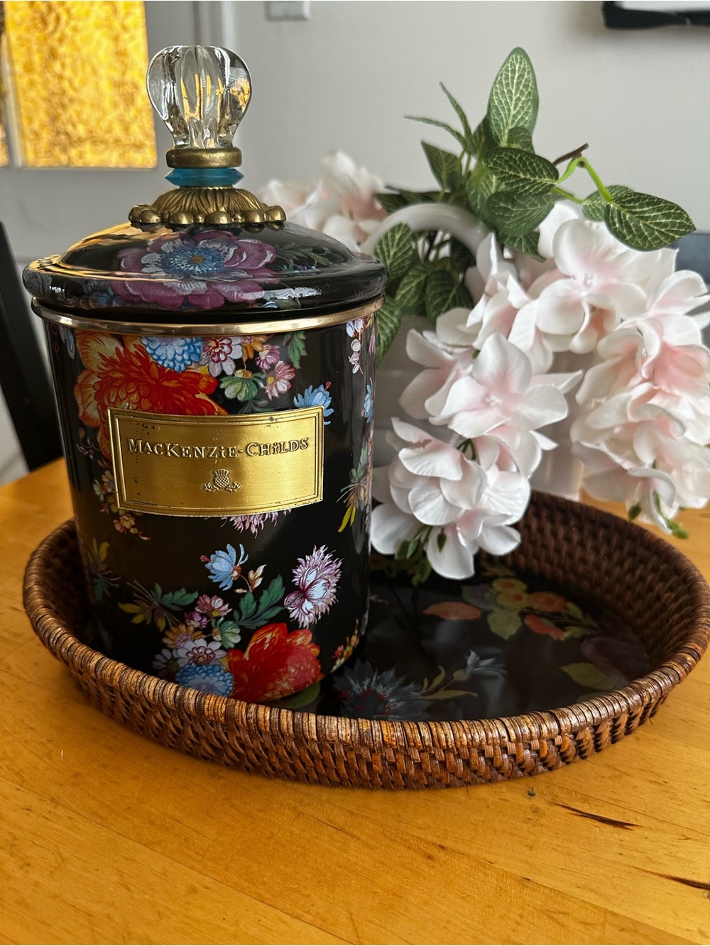 MacKenzie-Childs Black Floral Canister with Crystal Knob and Gold Plaque